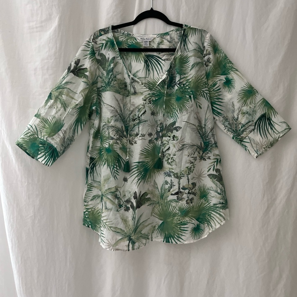 Tommy Bahama Leaf Print Top in Green and White